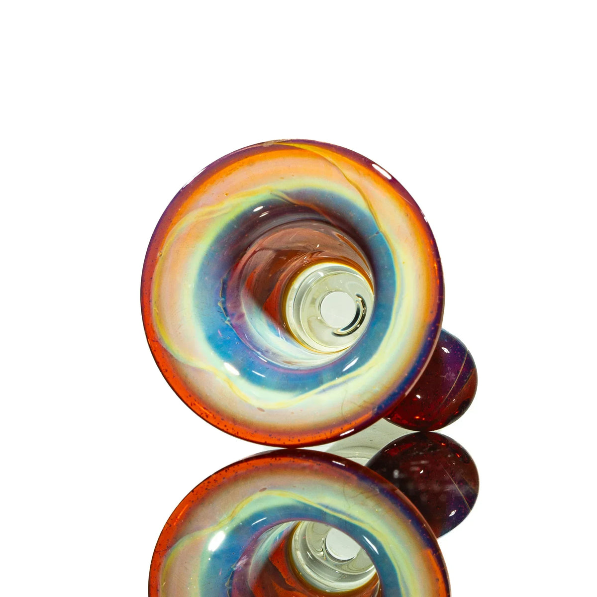 Colorful apricot 14mm glass slide bowl with vibrant rim, shown on white background