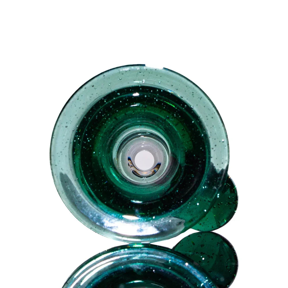 Green glass slide bowl with sparkles, top view, for 14mm water pipe or bong
