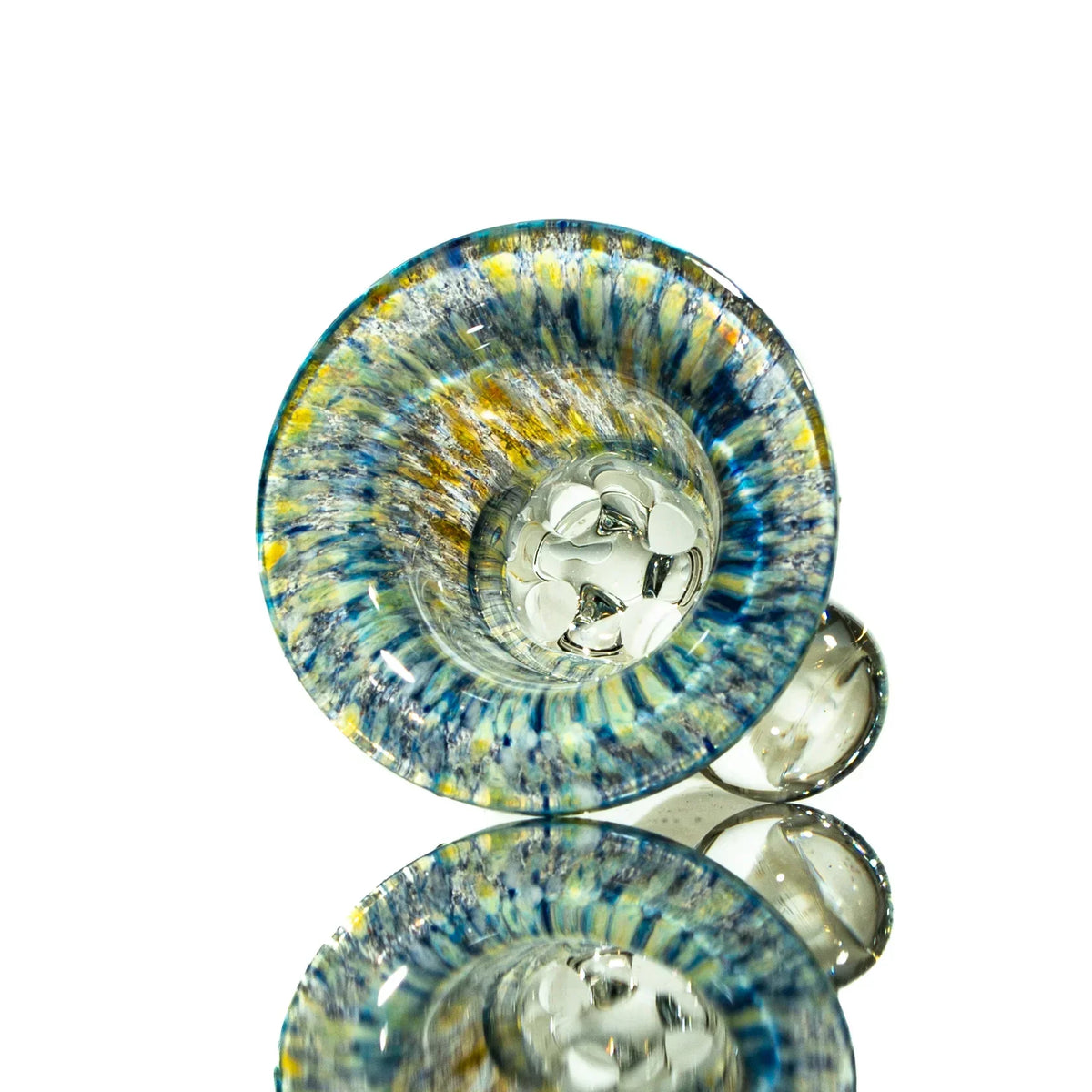 Colorful blue and yellow frit glass bowl with four-hole slide, 14mm size, reflected on white surface
