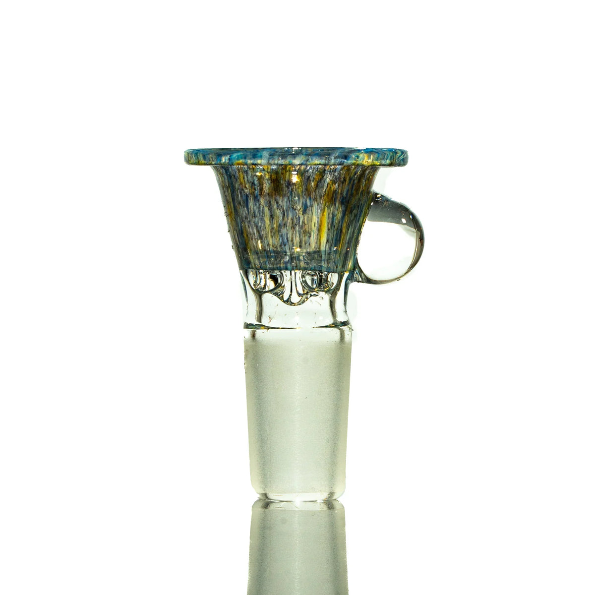 Dark blue and yellow frit 14mm glass slide bowl with four-hole design and handle