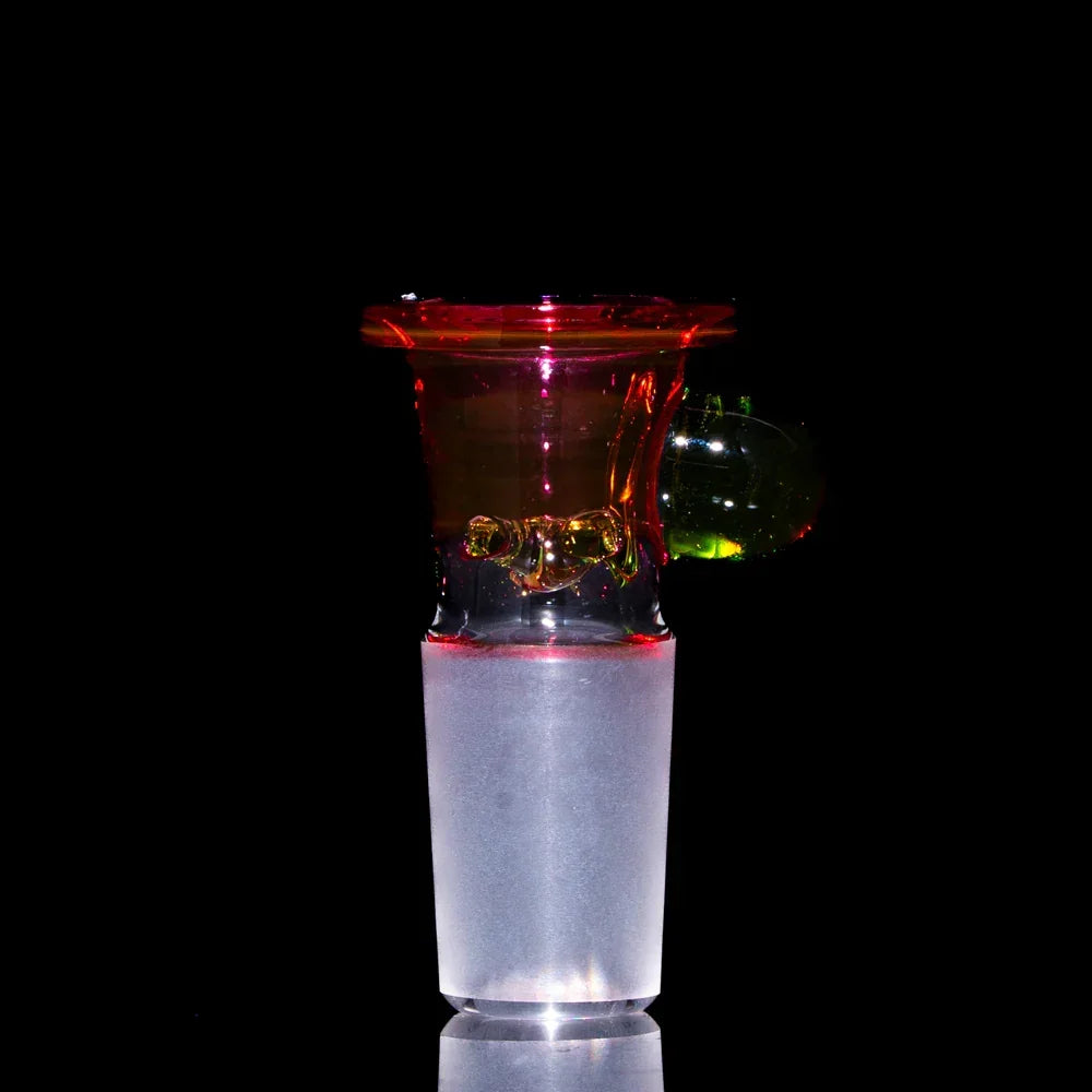 Colorful glass slide bowl with green dot, four-hole design, and frosted 18mm joint