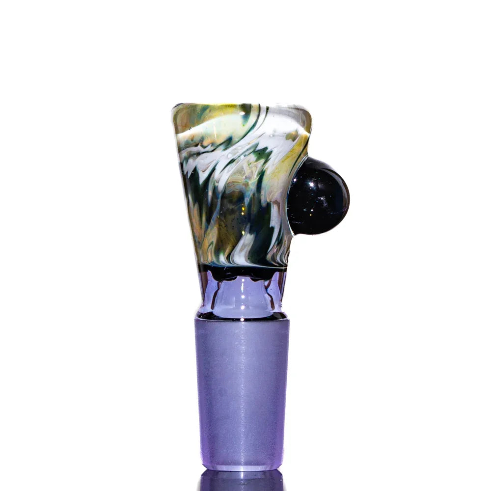 Green and white marble 14mm glass bowl slide with four holes and side handle