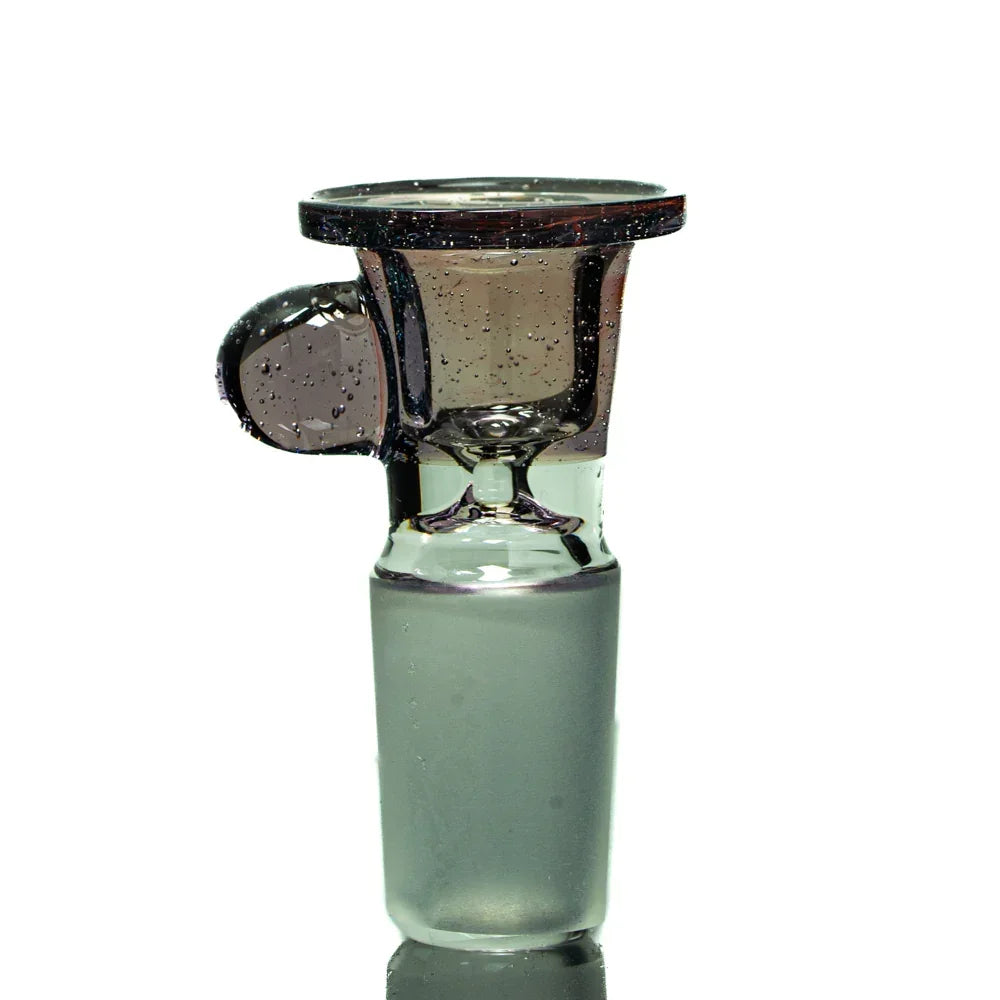 Clear glass 18mm slide bowl with handle for water pipe or bong, isolated on white background.