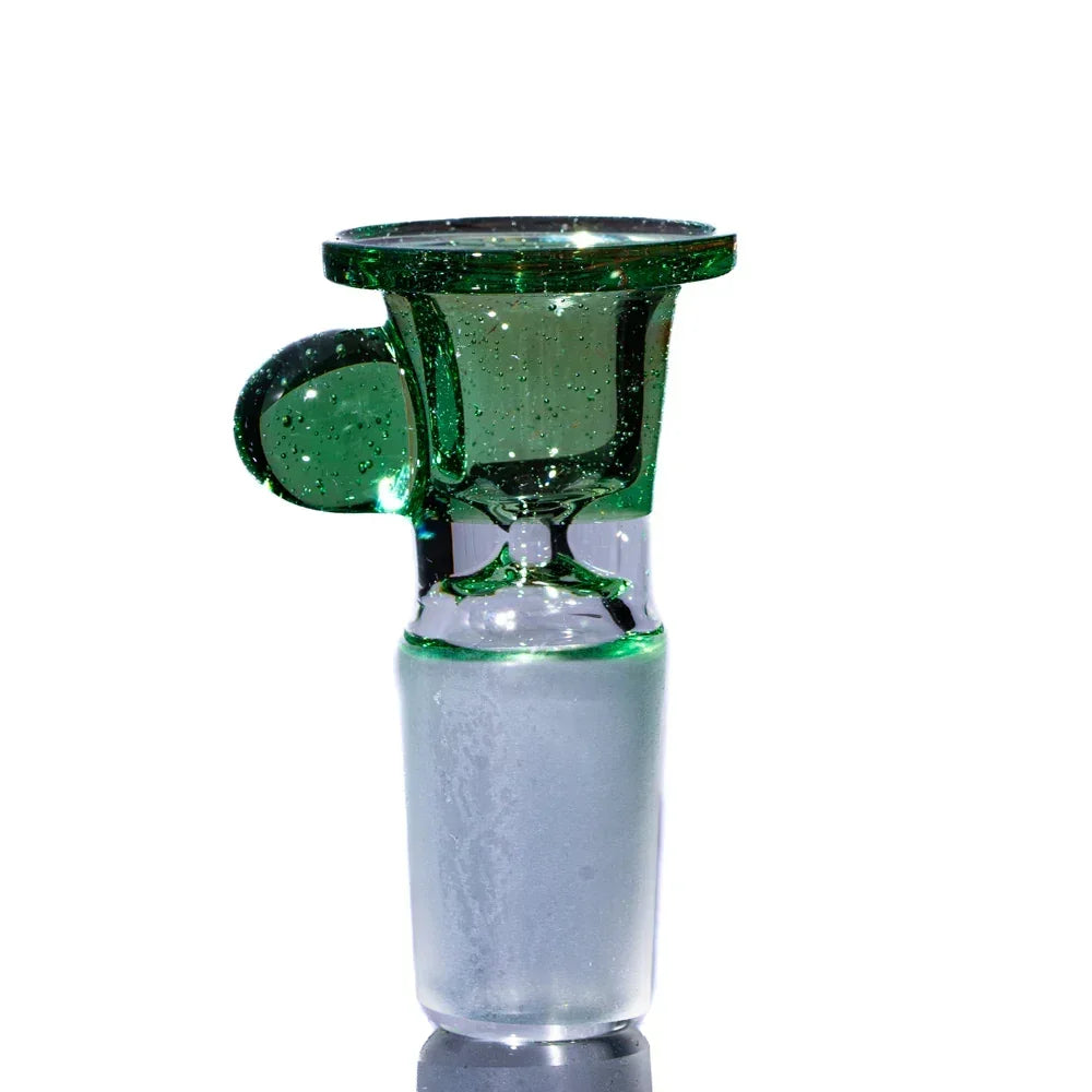 Green glass 18mm slide bowl with handle for water pipe or bong, isolated on white background.