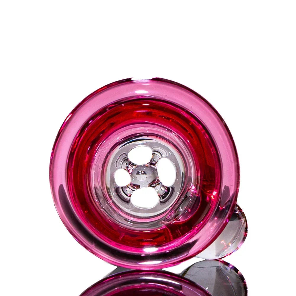 Pink glass four-hole slide bowl for water pipe, shown from above on white background