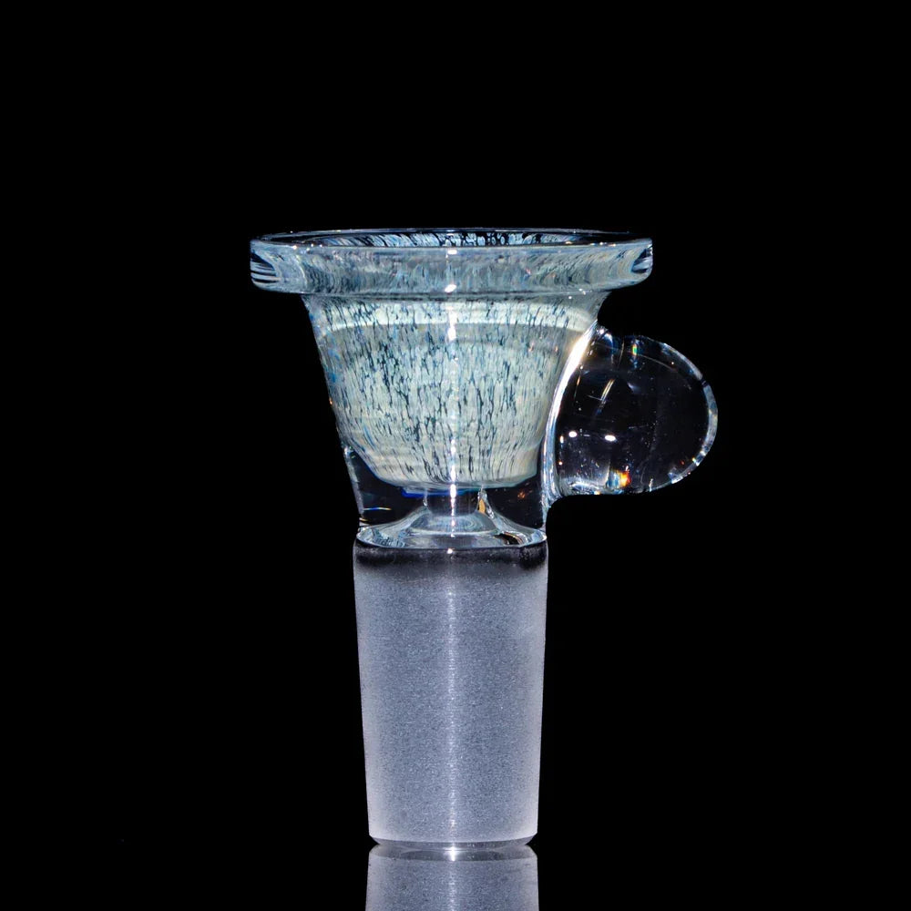 Light blue fritted glass 14mm slide bowl with clear marble handle on black background