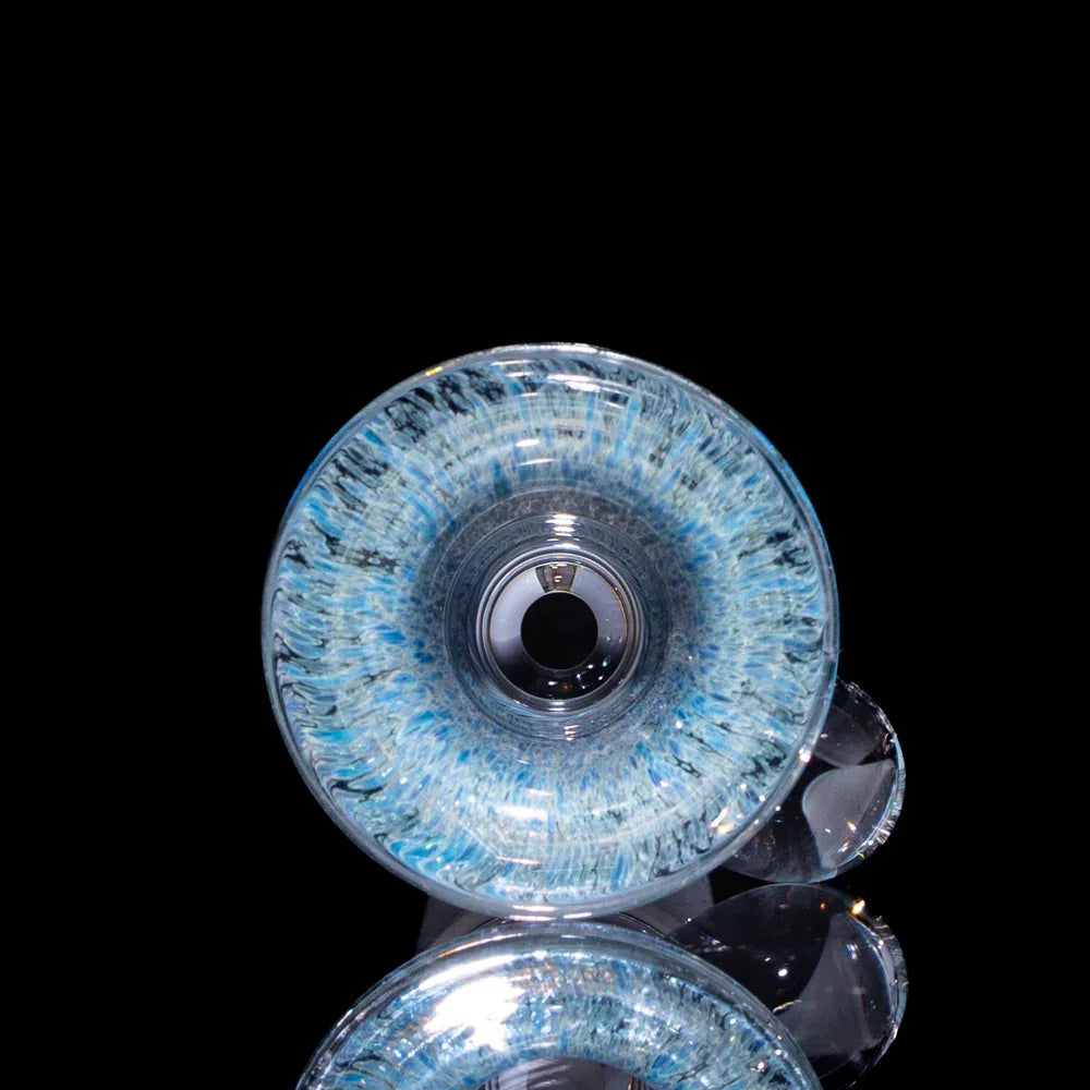 Light blue frit glass slide bowl with intricate pattern, 18mm, on black background