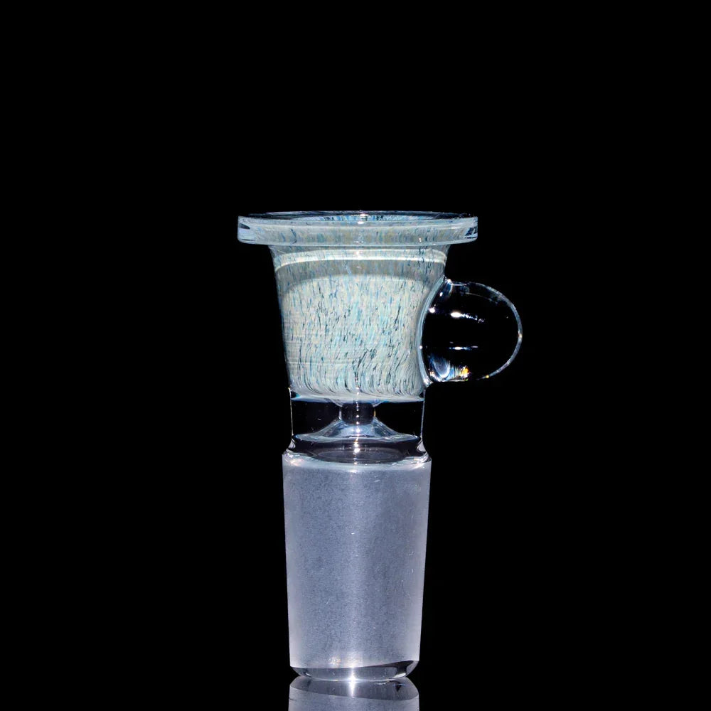 18mm light blue frit glass slide bowl with handle for water pipe, on black background