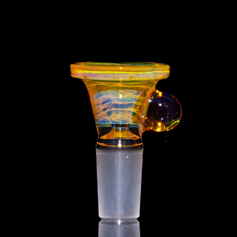 Colorful 14mm glass slide bowl with handle for water pipe, shown on black background