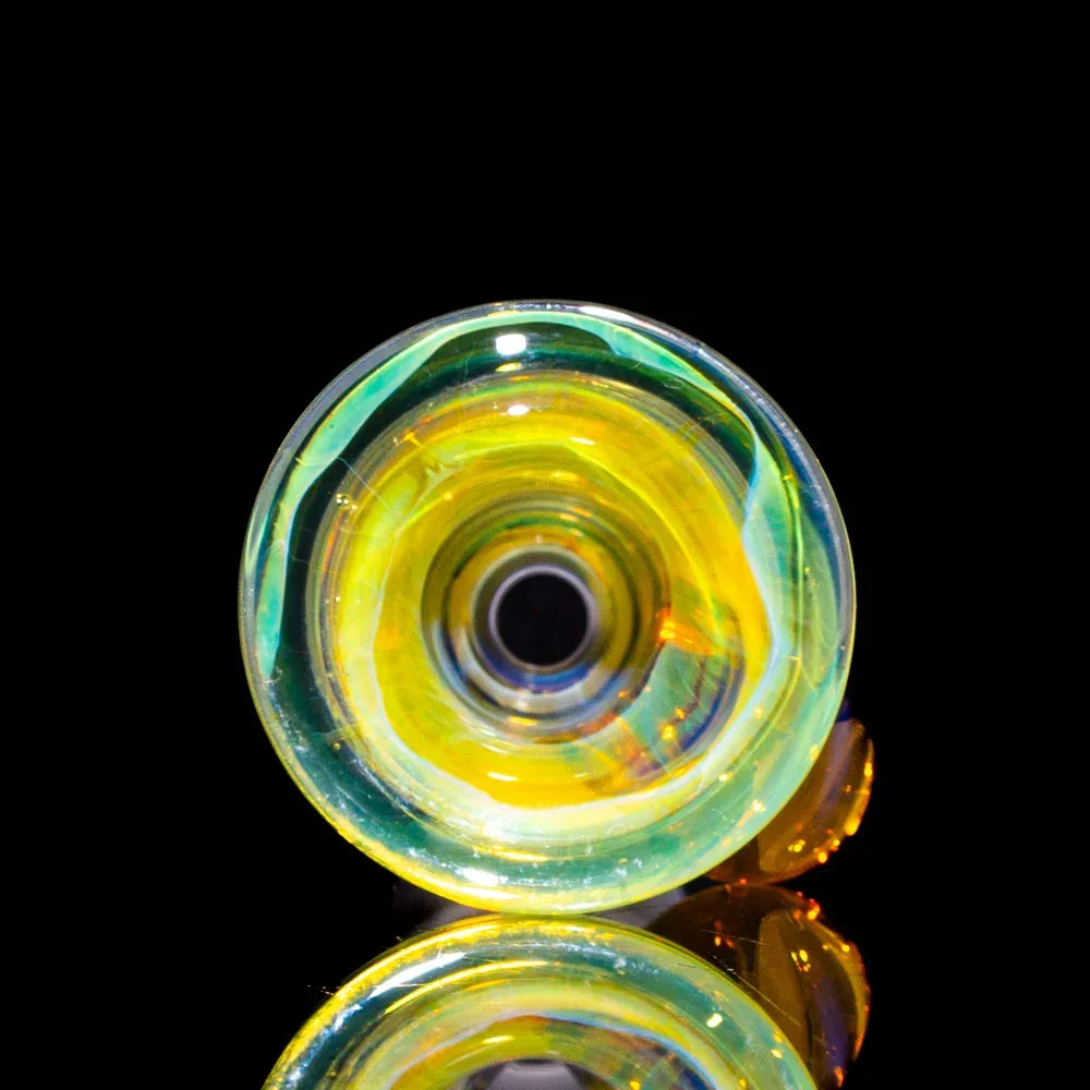 Yellow 18mm glass slide for water pipe with vibrant colors and glossy finish, black background