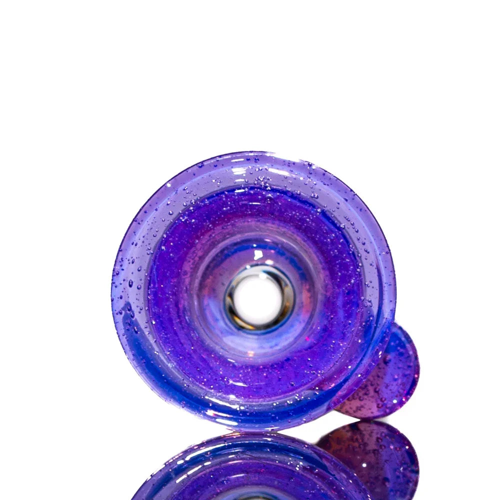 Pink and purple glass 18mm bowl slide with bubble details, viewed from above