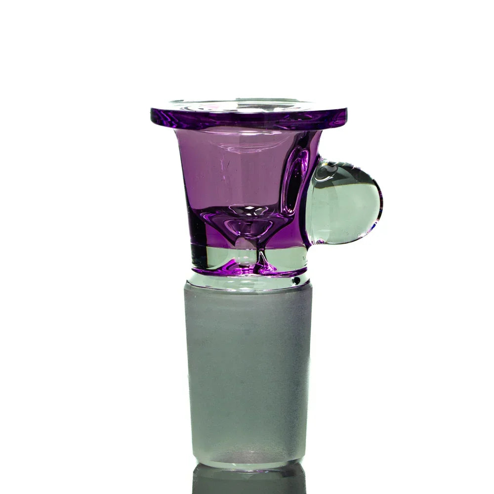 Purple glass 18mm slide bowl with handle, smoking accessory, on white background