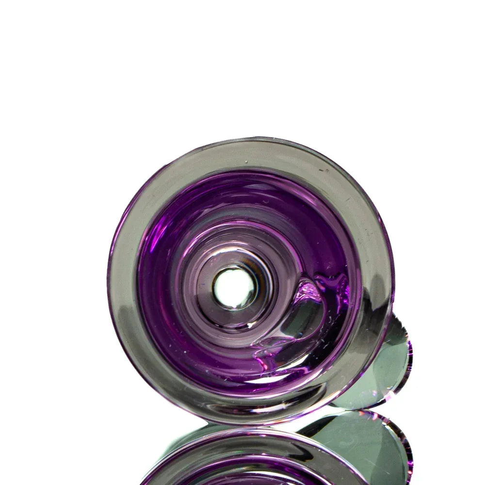 Close-up of a purple 18mm glass slide bowl with a clear rim for water pipe