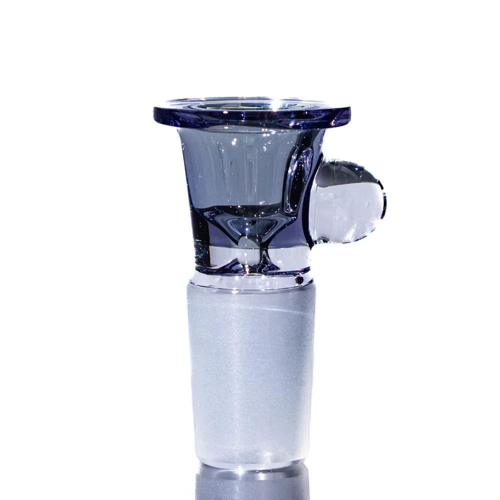 Clear glass 18mm bowl slide with handle for water pipe, minimalist white background