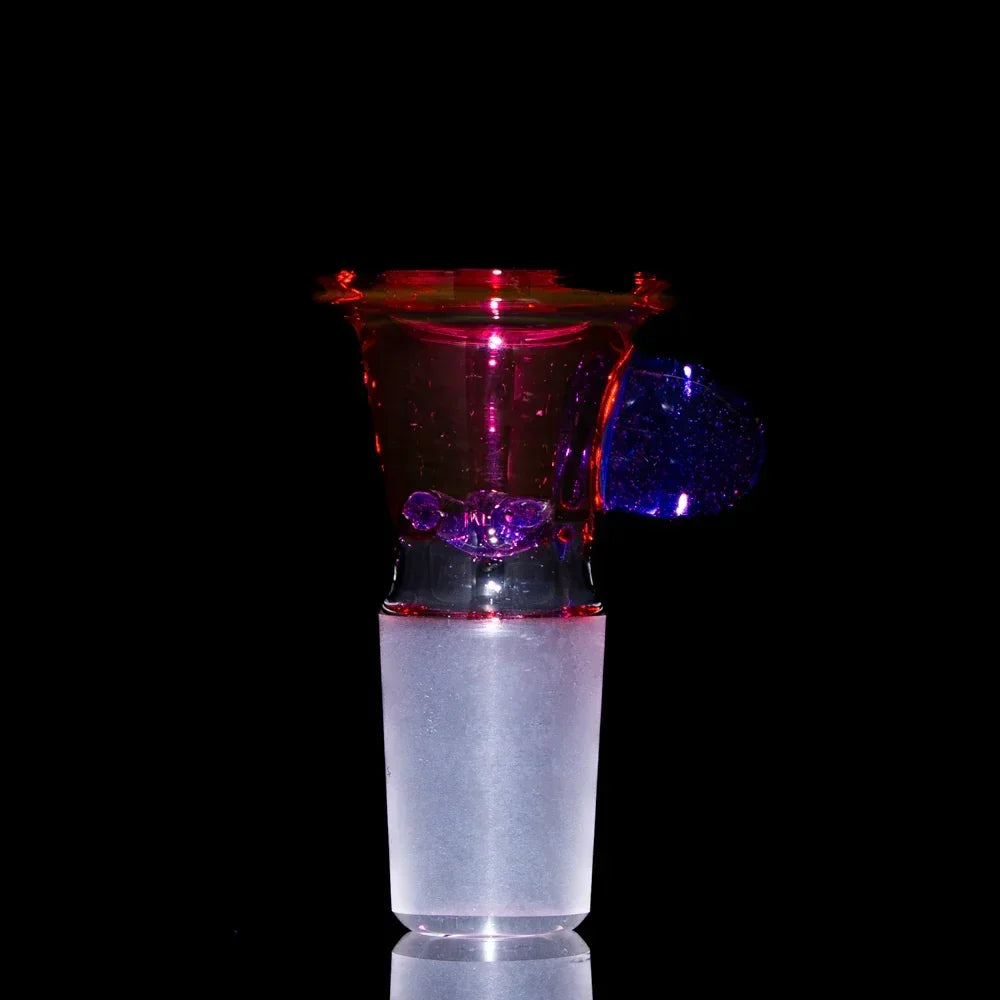 Purple and red glass 18mm four-hole slide bowl with textured handle on black background