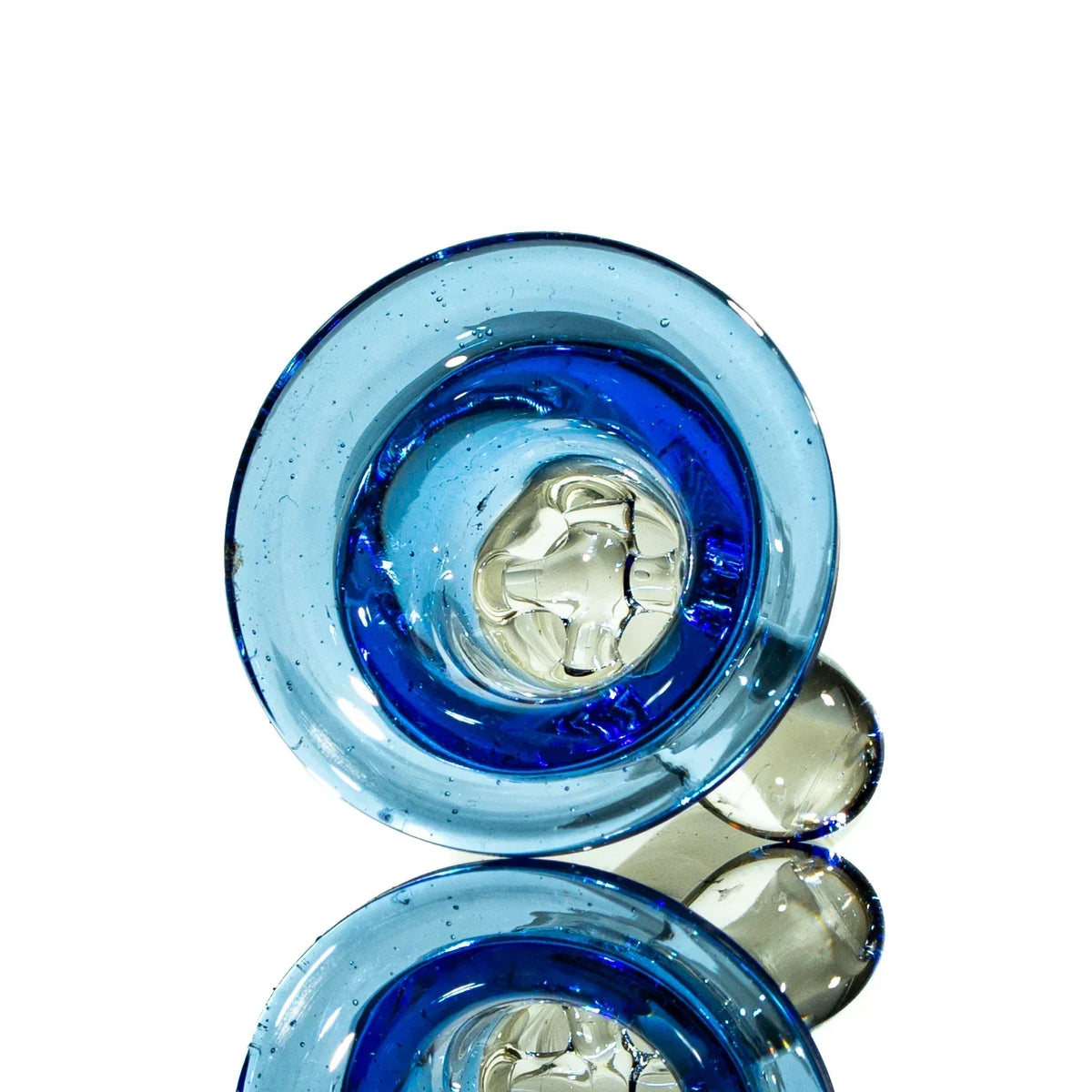 Blue glass bowl slide with raindrop design, 14mm size, reflected on white background