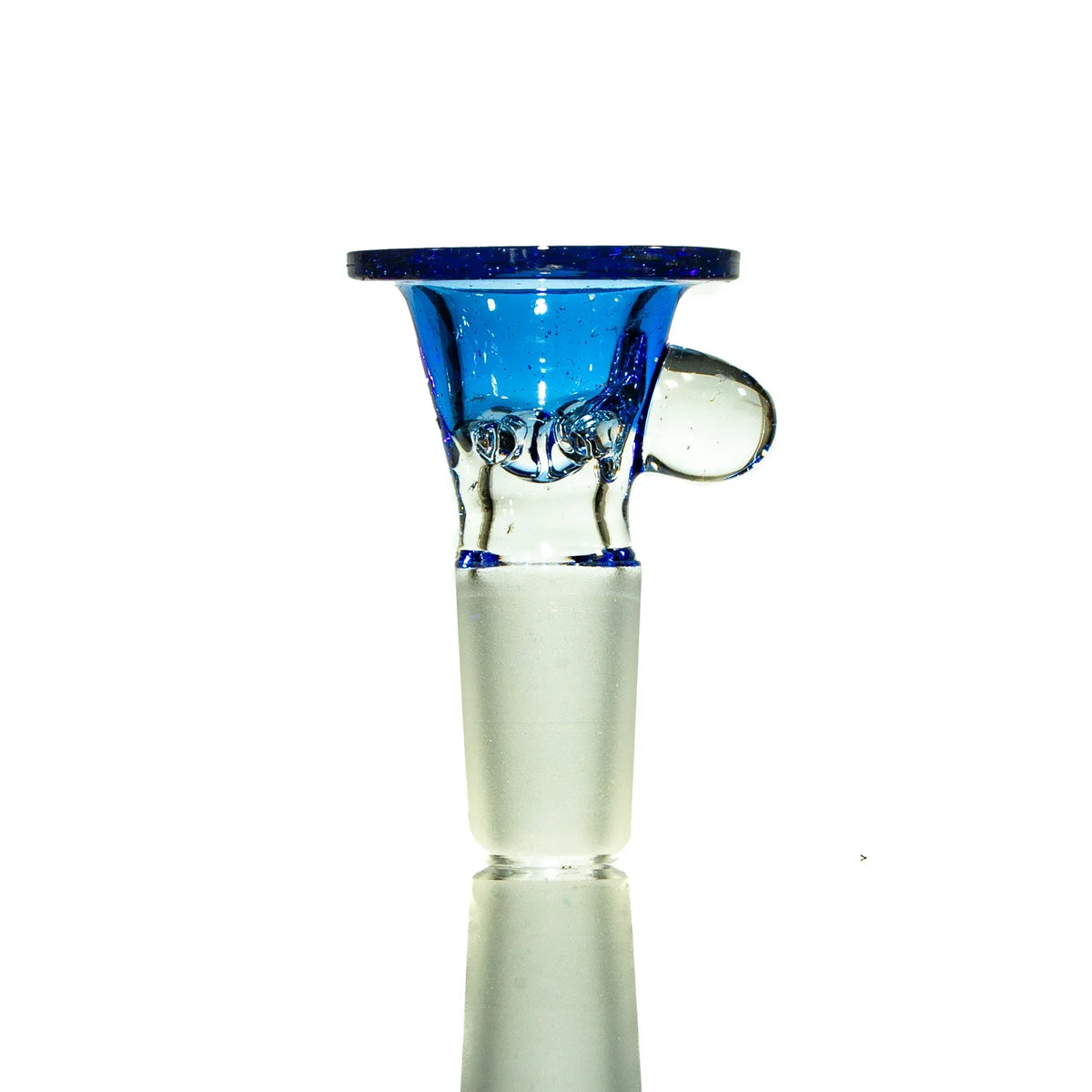Blue and clear 14mm glass slide bowl with raindrop detailing on white background