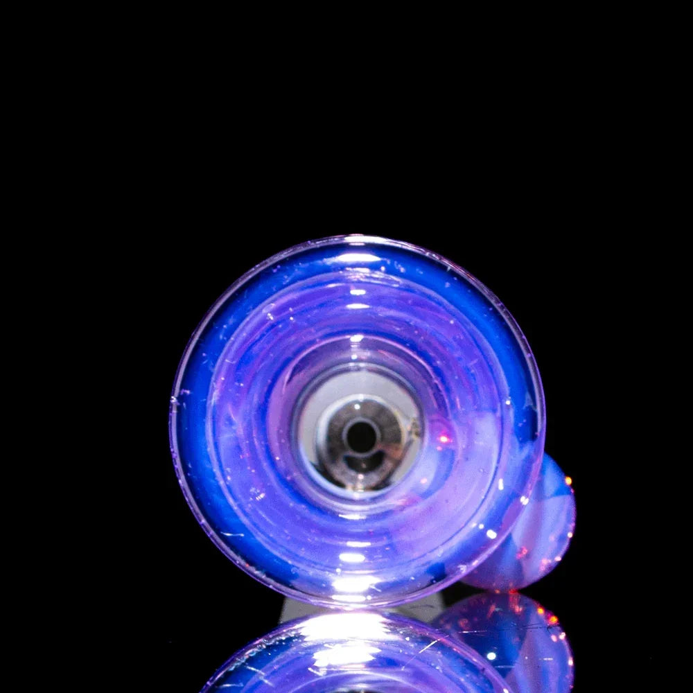 Rose quartz 14mm glass slide bowl with vibrant purple and pink hues on a black background