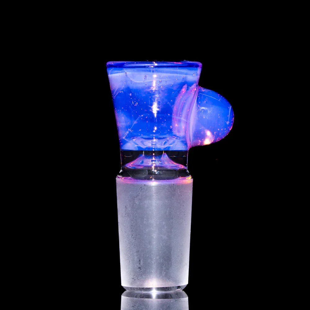 Rose quartz 18mm glass martini slide with blue and pink accents on black background