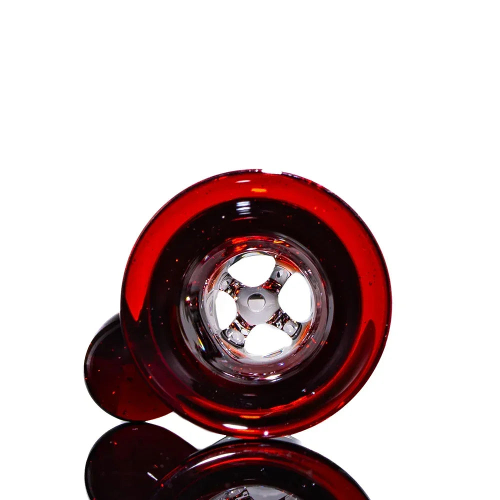 Ruby red glass four-hole slide bowl with clear accents for water pipe