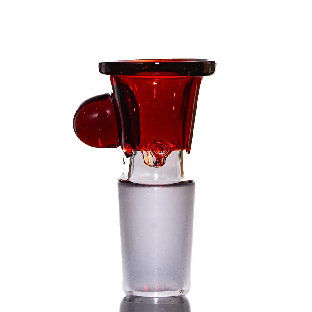 Ruby red glass 18mm four-hole slide bowl with side handle, isolated on white background.