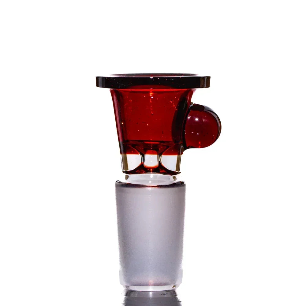 Red glass 18mm slide bowl with handle for water pipe or bong, isolated on white background.