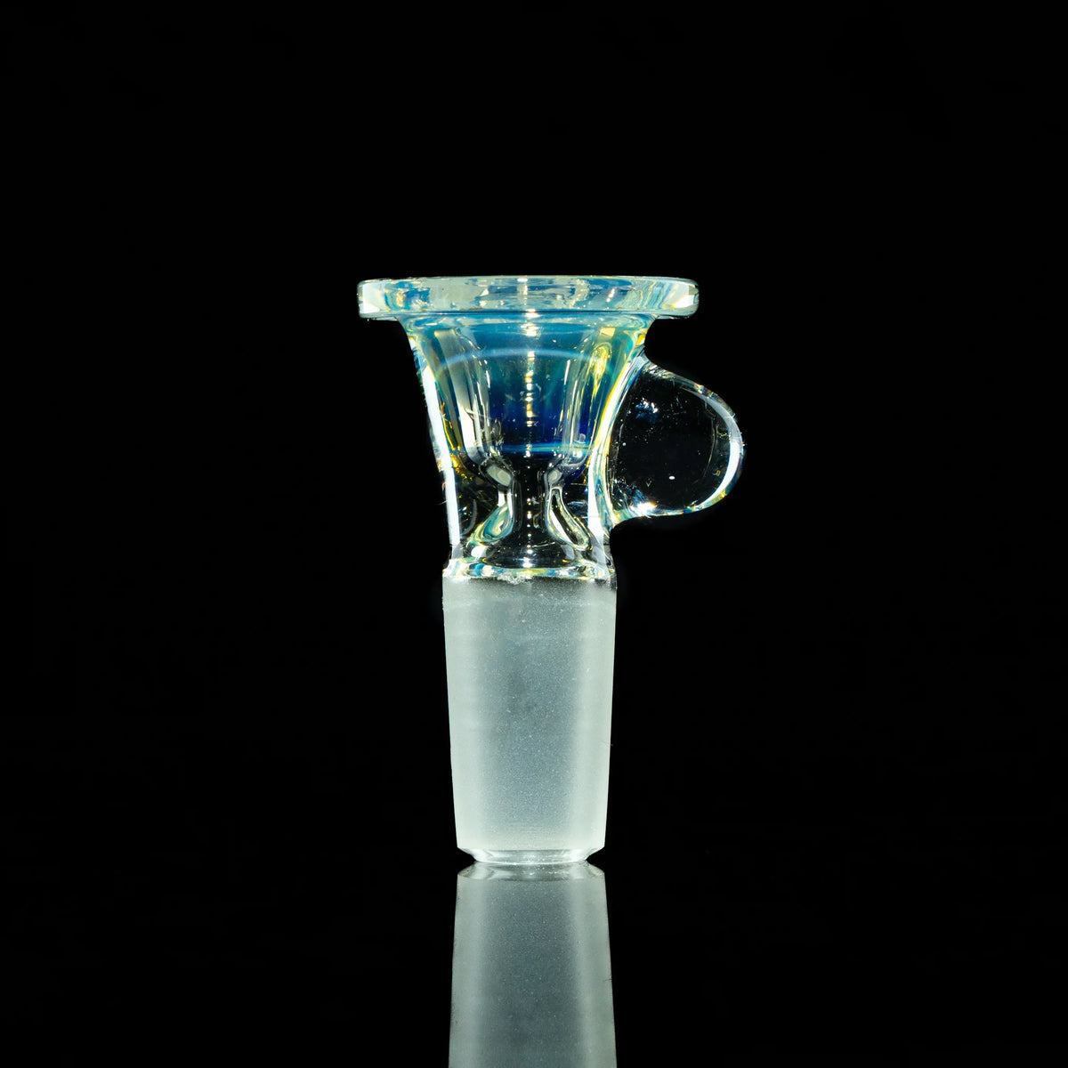 Silver fume 14mm glass slide bowl with clear handle on black background