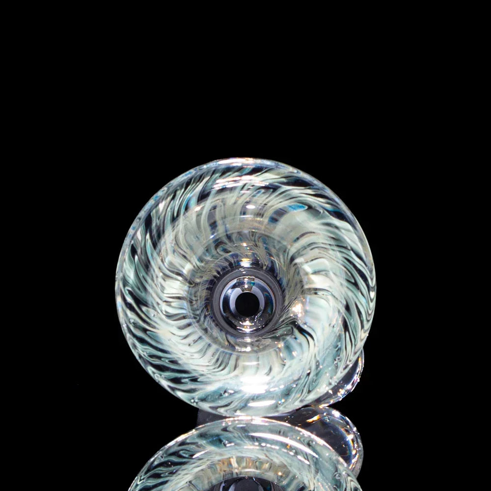 Clear glass bowl slide with silver fume wrap, spiral design, on black background