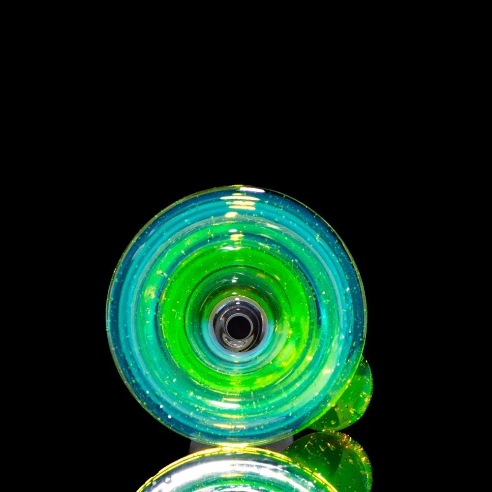 Green and blue glass bowl slide with sparkles, 14mm size, on black background