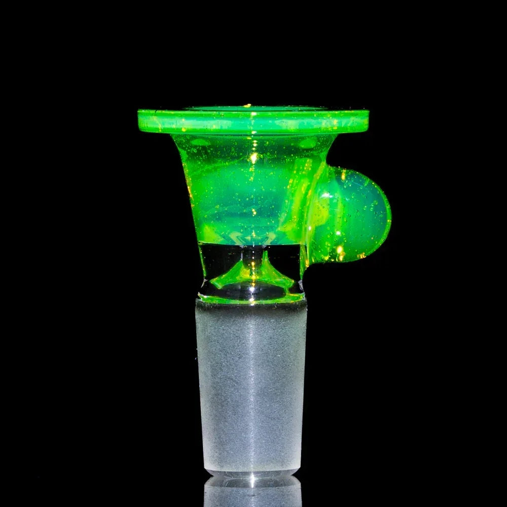 Green glass 14mm slide bowl with handle for water pipe, shown on black background