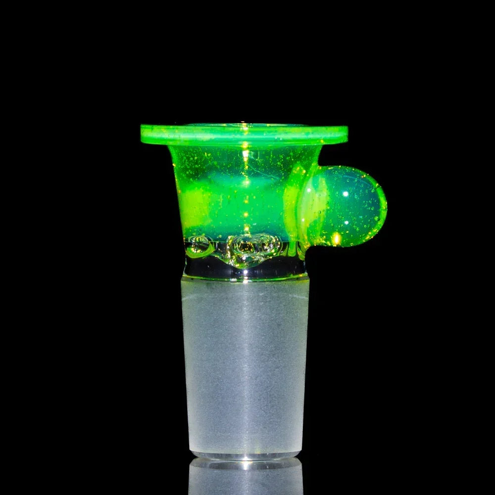 Green glass 18mm four-hole slide with side handle, shown on black background