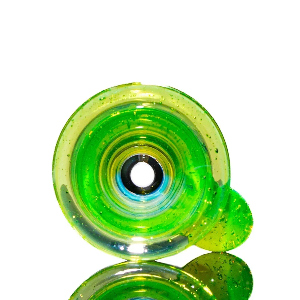 Green glass 18mm slide bowl with clear accents for water pipe, top-down view
