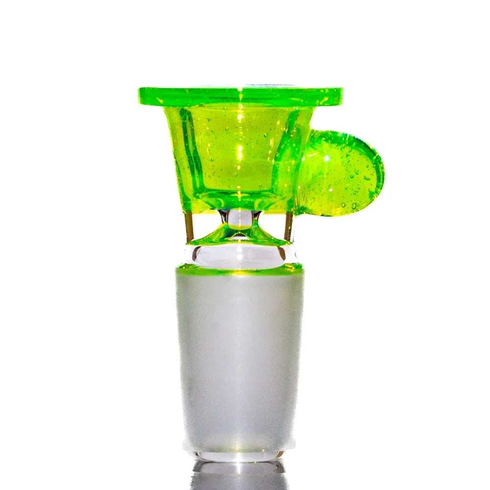 Green glass 18mm slide bowl for water pipe, featuring a clear frosted base and side handle.