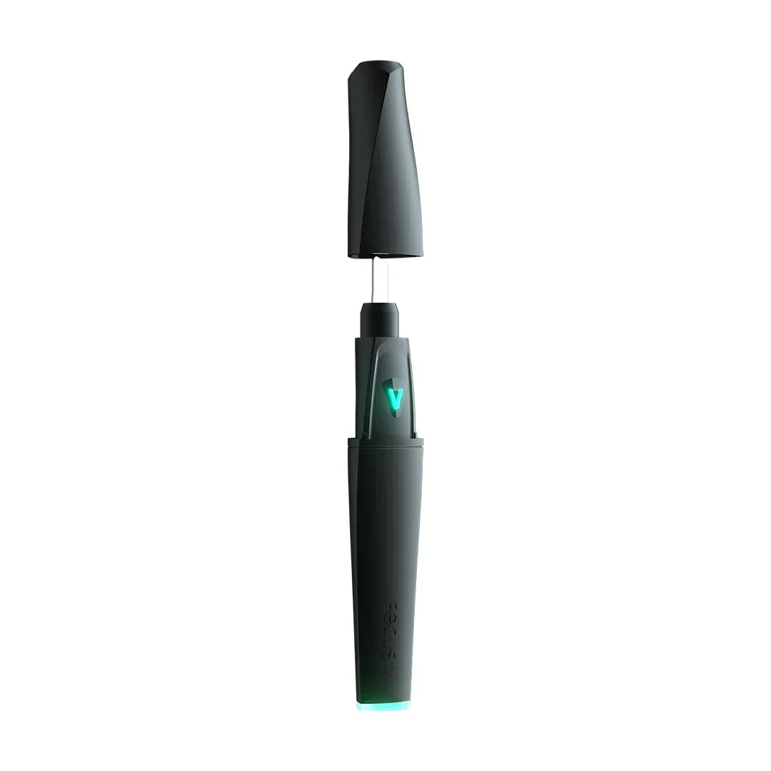 Black electronic vaporizer pen with glowing button and detachable mouthpiece