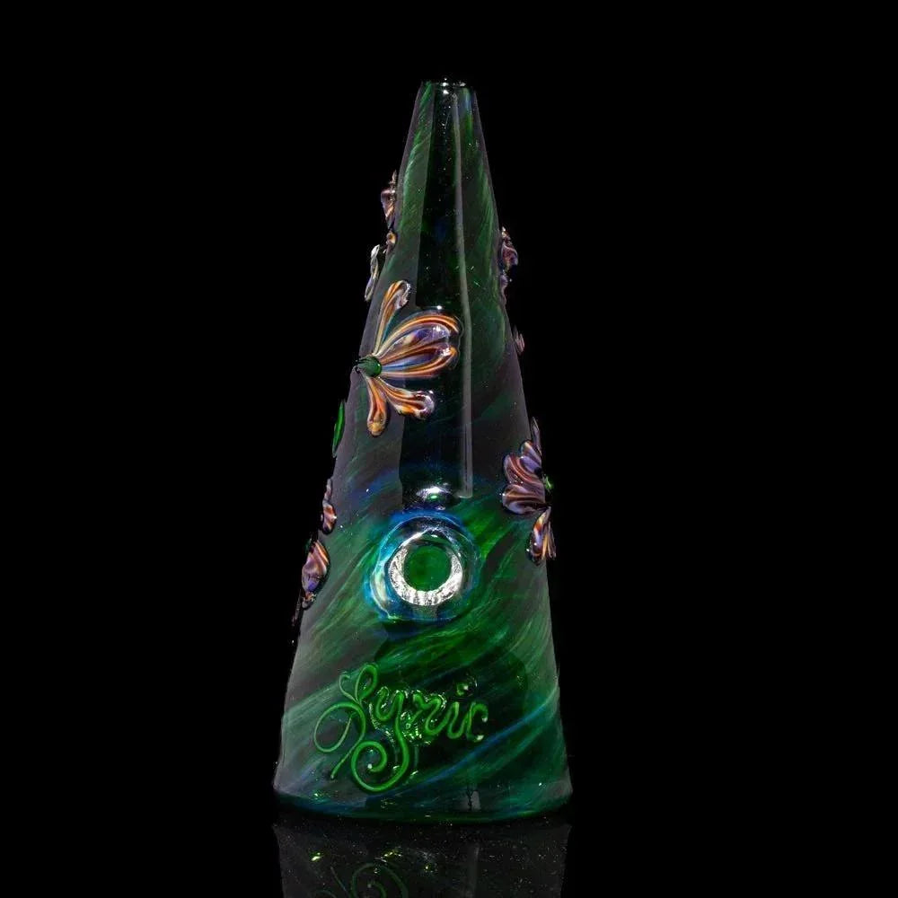 Green glass water pipe with flower accents and swirled design on a black background