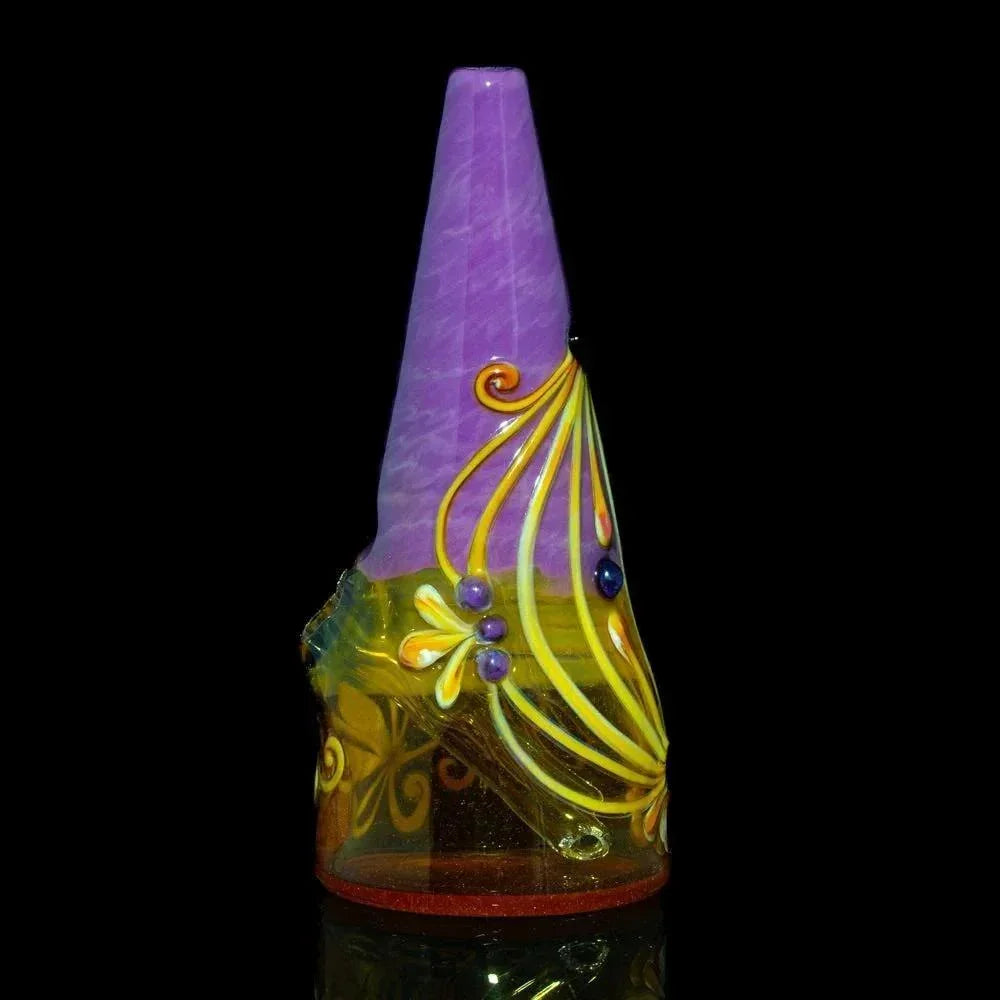 10mm violet and orange glass rig with floral swirl design, set against black background