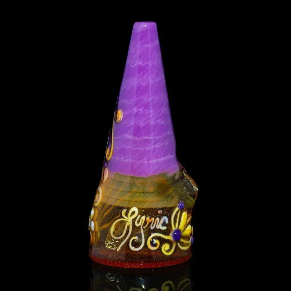 Purple glass cone rig with orange floral accents and decorative lettering on black background