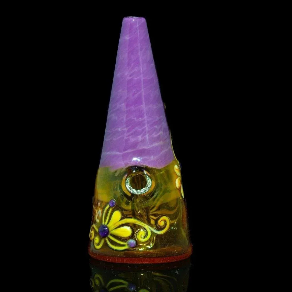 Purple and yellow glass water pipe with orange flower design, cone shape, black background