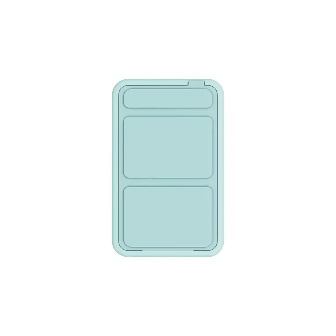 Light blue silicone rolling tray with three compartments on white background