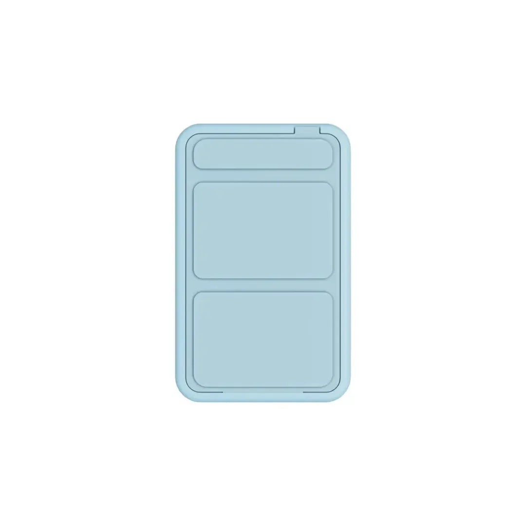 Rectangular light blue silicone storage container with three compartments on white background