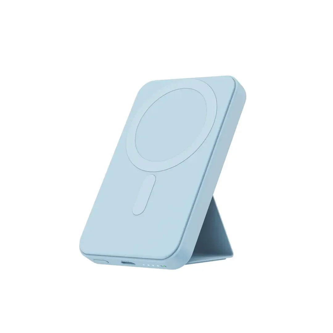 Light blue MagSafe wireless charger stand with USB-C port and LED indicator lights