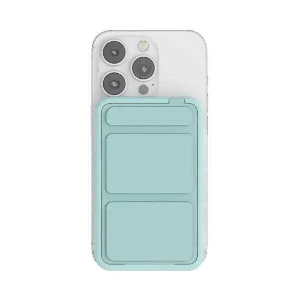 Magnetic light blue phone wallet attached to a white smartphone