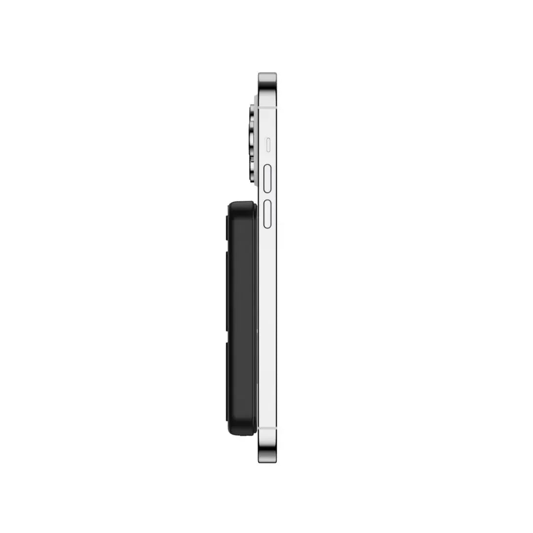 Side view of a smartphone with attached black vaporizer accessory on white background.