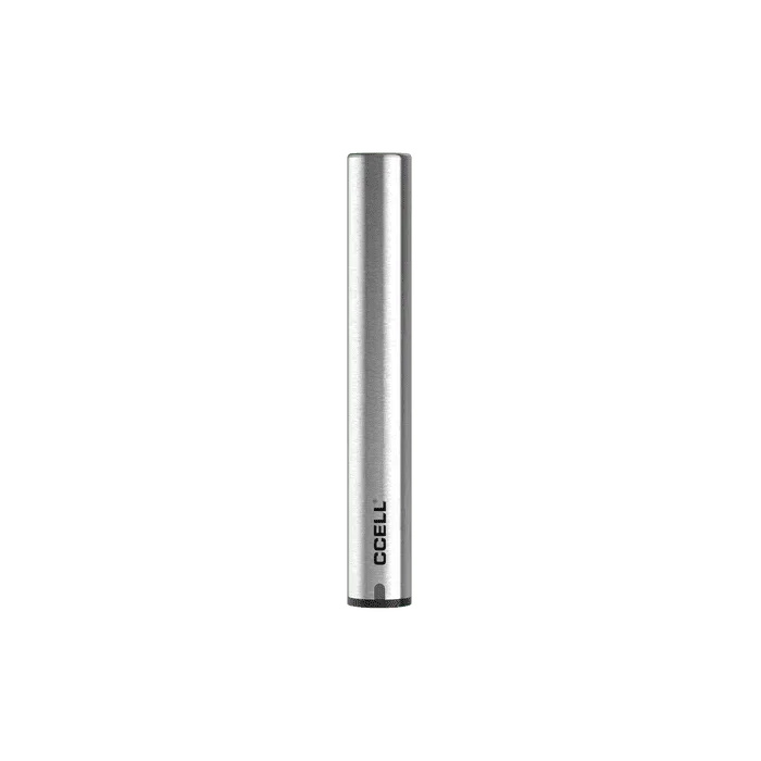 Glossy metallic vape pen battery with CCELL label on green background