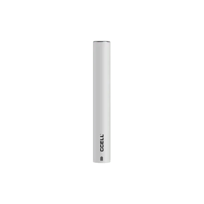 Matte white CCELL vape battery pen standing upright on a solid green background