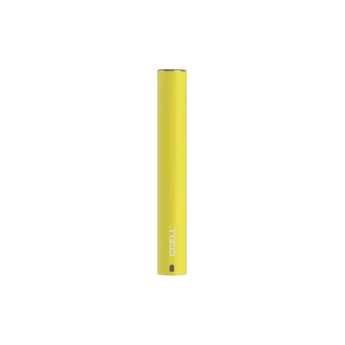 Yellow matte vape battery pen with CCELL logo, isolated on green background