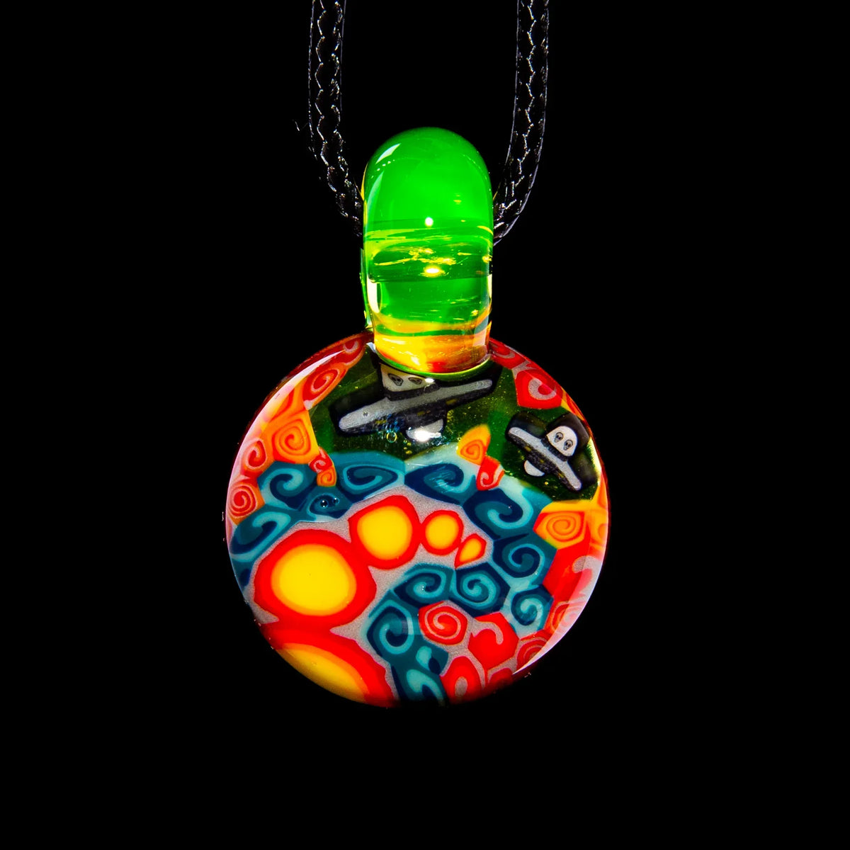 Colorful heady glass pendant with abstract swirls, vibrant patterns, and neon green bail