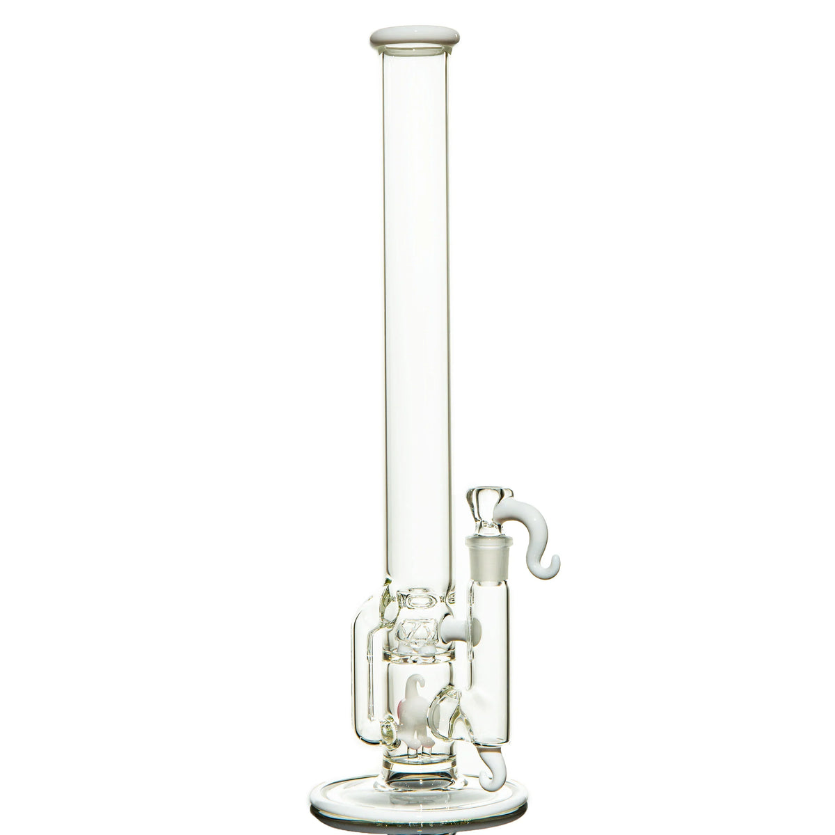 Clear glass water pipe with unique percolator and white glass accents on a white background