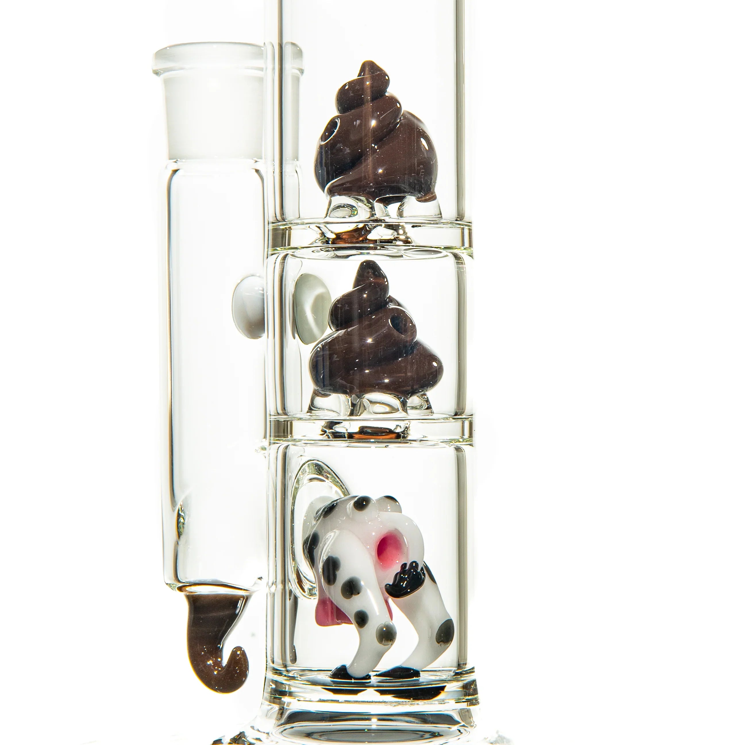 Glass water pipe with unique brown swirl and cow-themed percolator accents