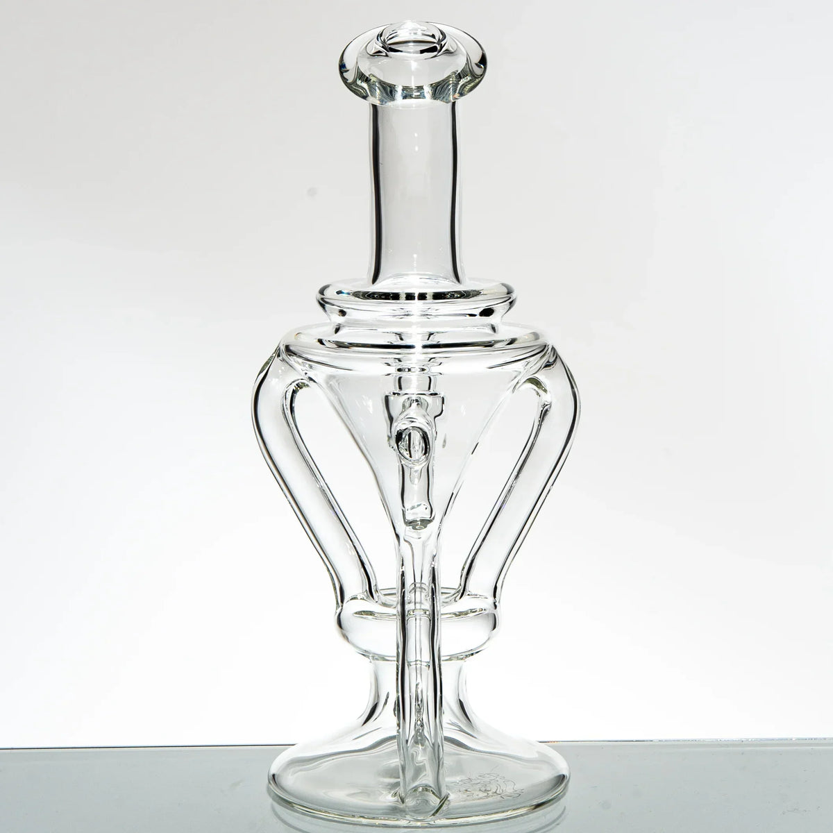 Clear glass double uptake recycler water pipe with intricate tubing design